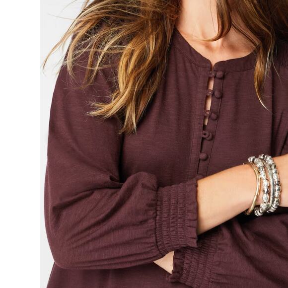 J.Jill $99 Large Spiced Wine Burgundy Cottagecore Fall Smocked Henley Dress - Picture 3 of 8